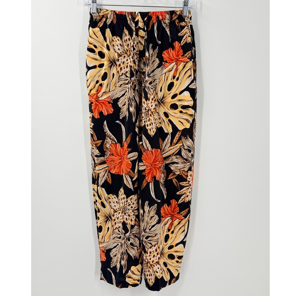 Diane Gilman Silk Pants Womens sz S Pull on Elastic Waist Tropical Floral resort